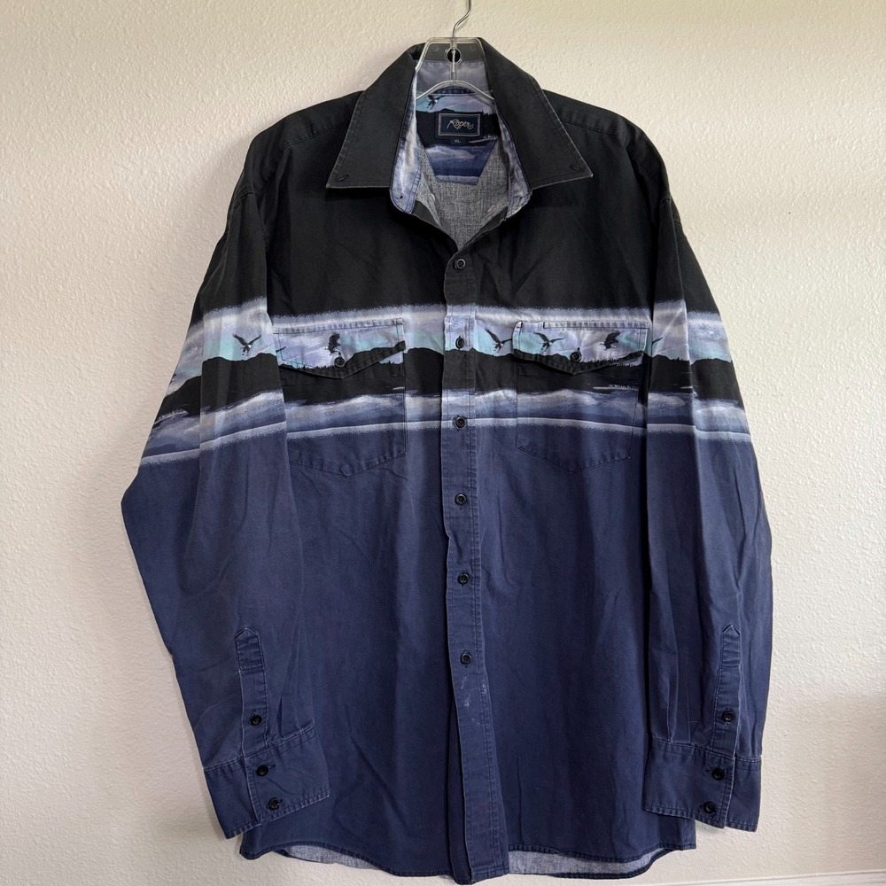 Roper Western Shirt VTG Men's XL Blue Flying Eagle Long Sleeve Cowboy Button